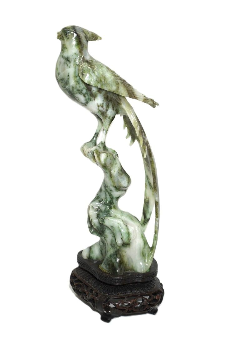 Lot 222: HANDCARVED CHINESE SPINACH JADE PHOENIX ON STAND