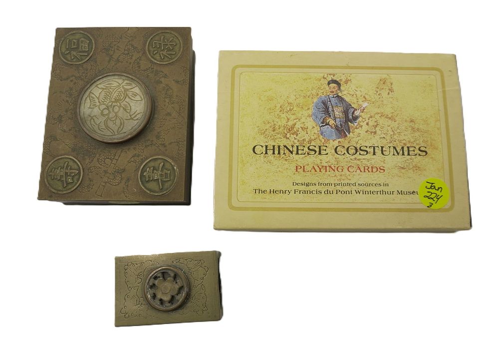 Lot 224: 3 PC 1920s CHINESE BRONZE CIGARETTE & PLAYING CARDS