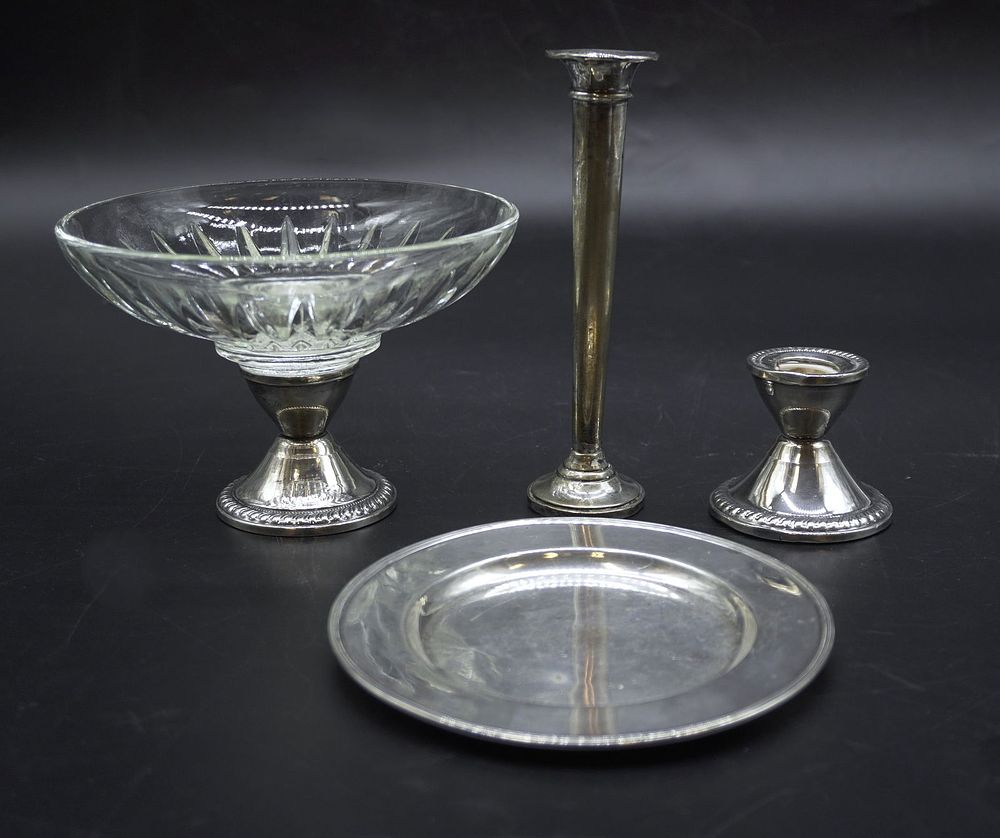 Lot 234: 4 PC STERLING PLATE - VASE- BOWL - CANDLESTICK