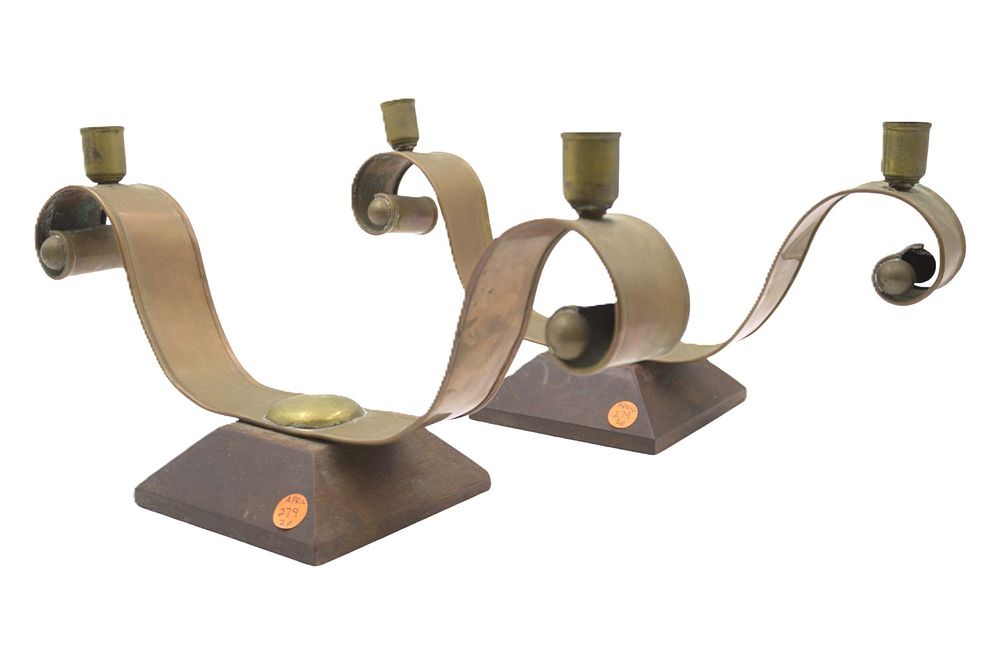 Lot 241: PAIR OF HECTOR AGUILAR TAXCO, MEXICO, COPPER & BRASS CANDELABRAS