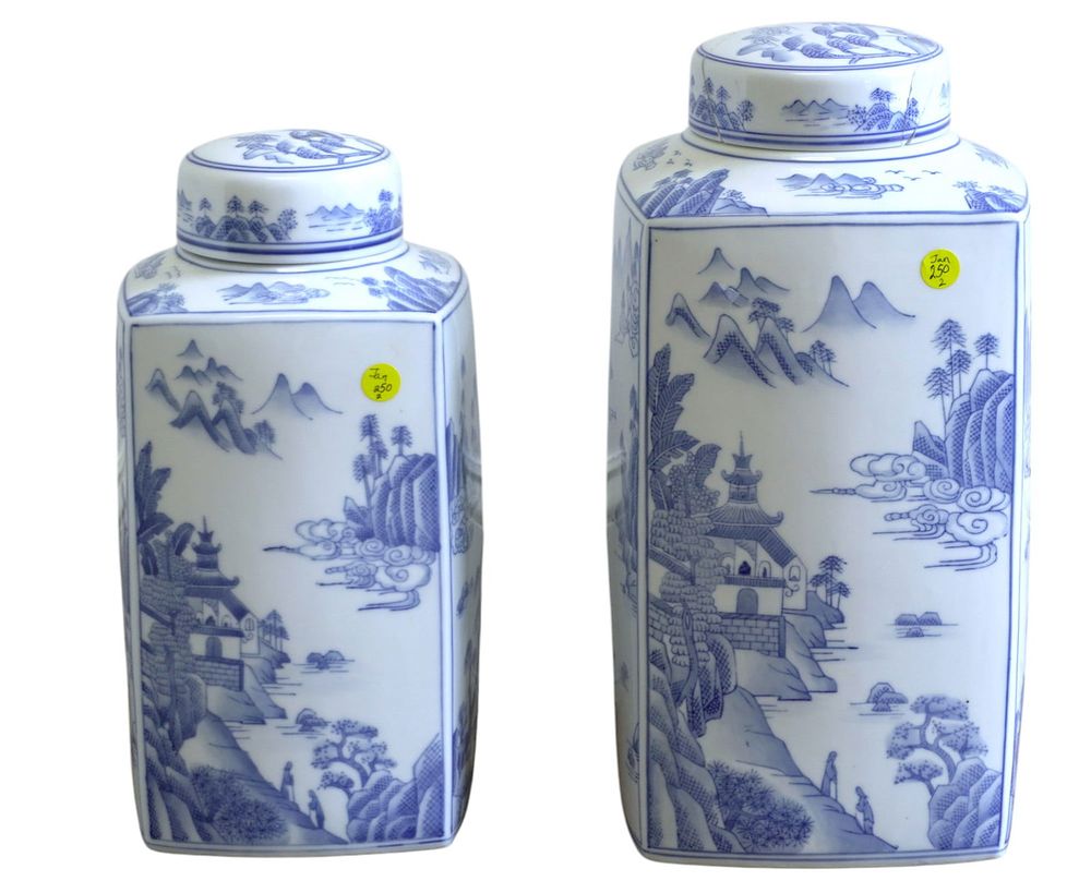 Lot 249: 2 LARGE ANDREA BY SADEK BLUE & WHITE COVERED JARS