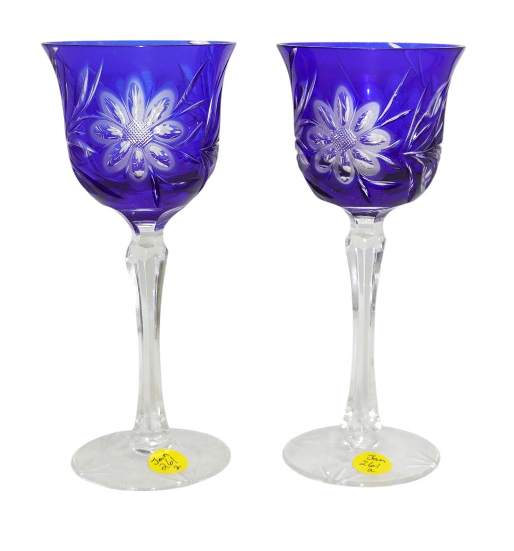 Lot 261: 2 VINTAGE COBALT CUT TO CLEAR BOHEMIAN CRYSTAL GLASSES