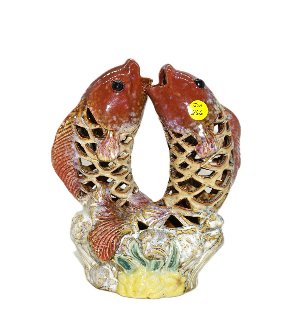 Lot 266: VINTAGE CHINESE MAJOLICA POTTERY DOUBLE KOI VASE