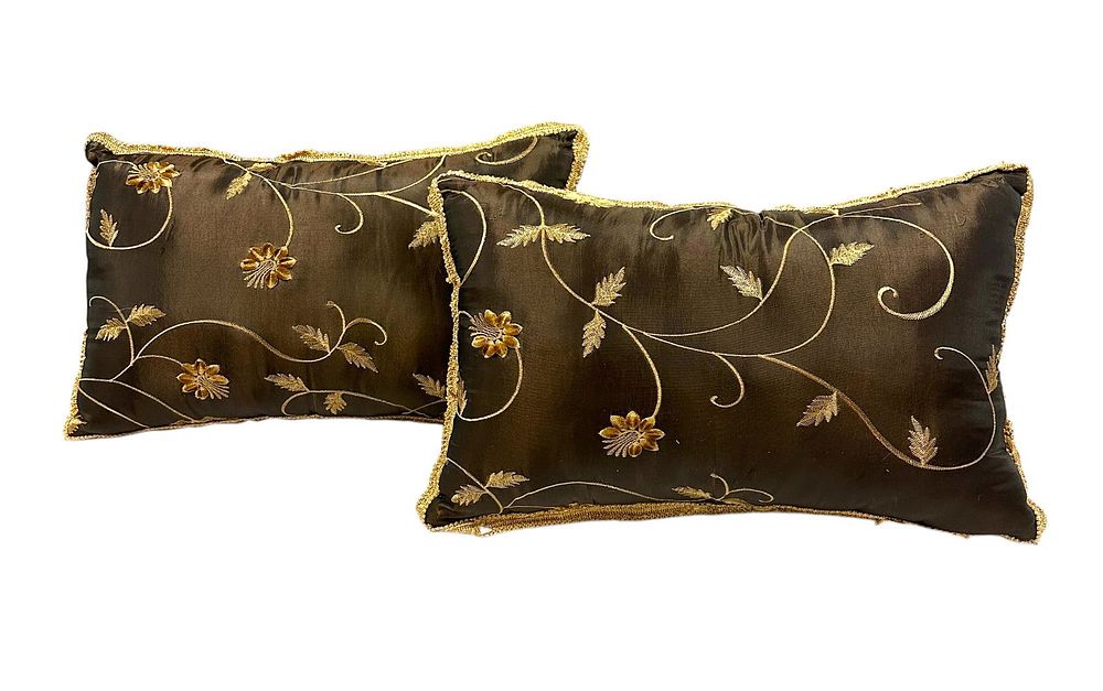 Lot 272: 2 EMBROIDERED BROWN SILK PILLOWS