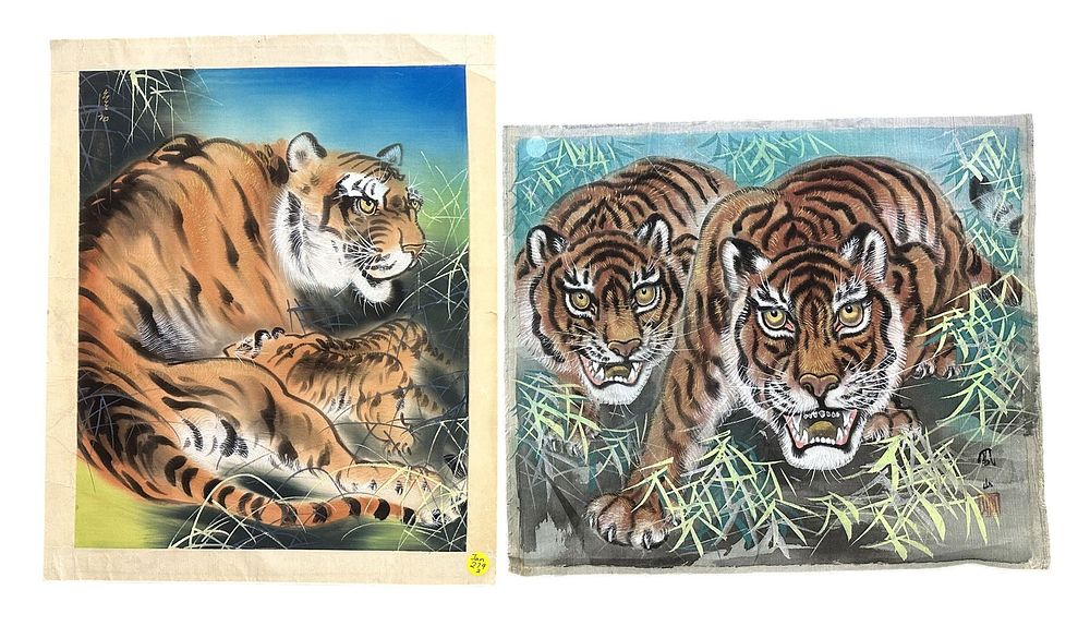 Lot 279: 2 JAPANESE HAND PAINTED TIGERS ON SILK