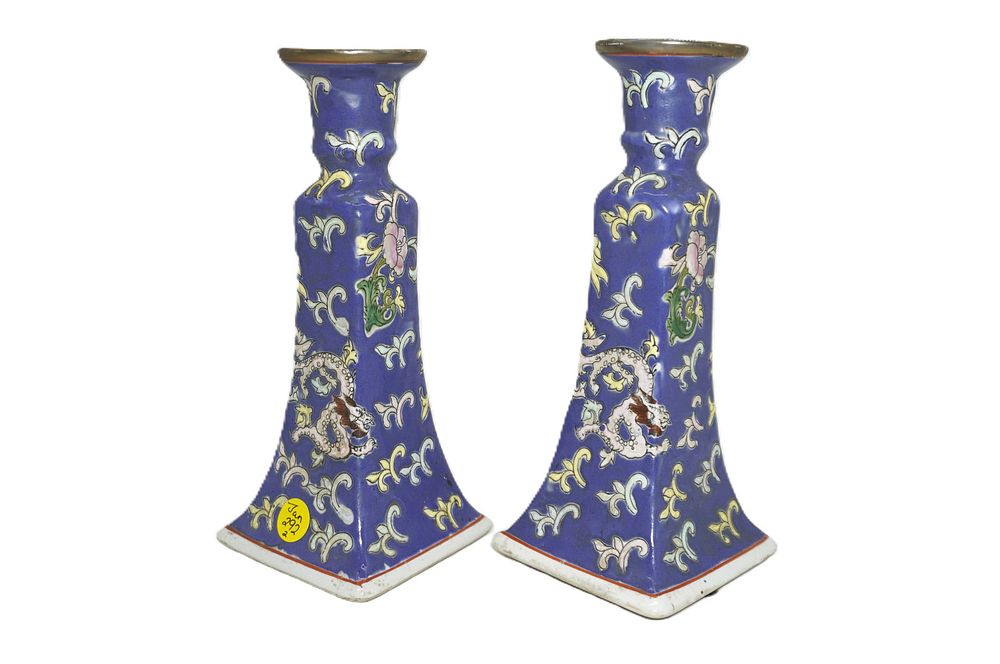 Lot 292: PAIR VINTAGE MACAU PORCELAIN CANDLESTICKS
