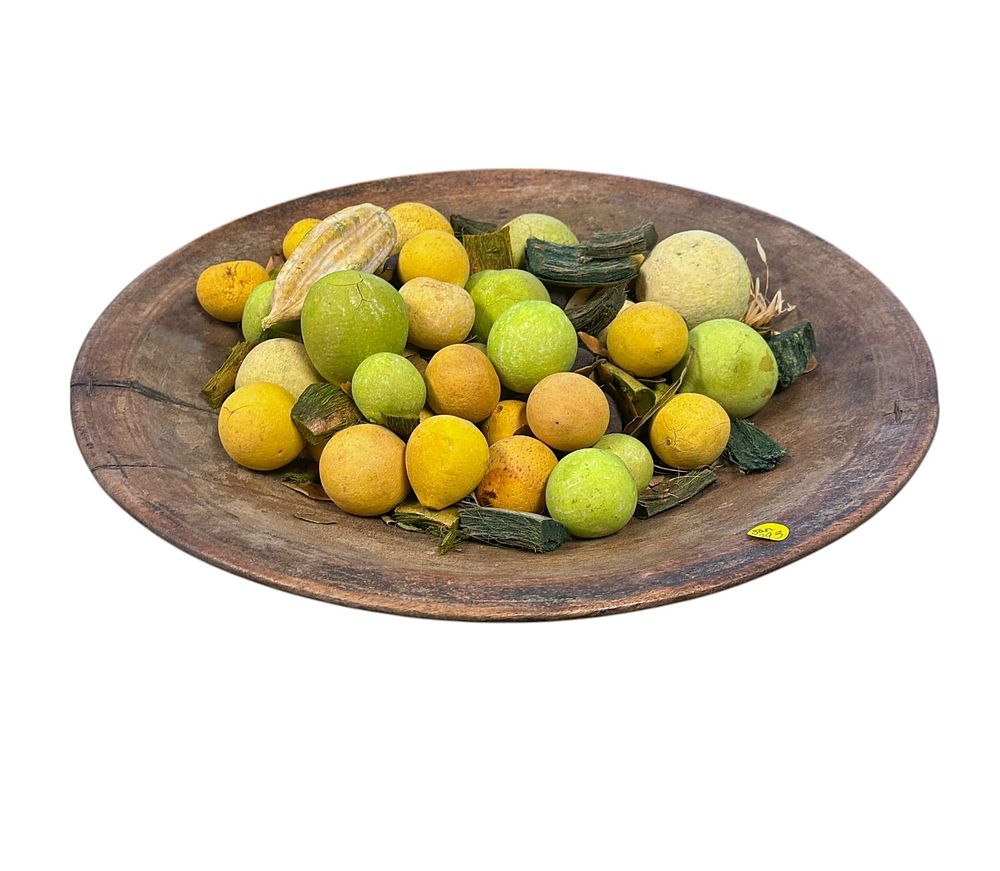Lot 293: LARGE PRIMITIVE WOOD DOUGH BOWL & DECORATIVE FRUIT