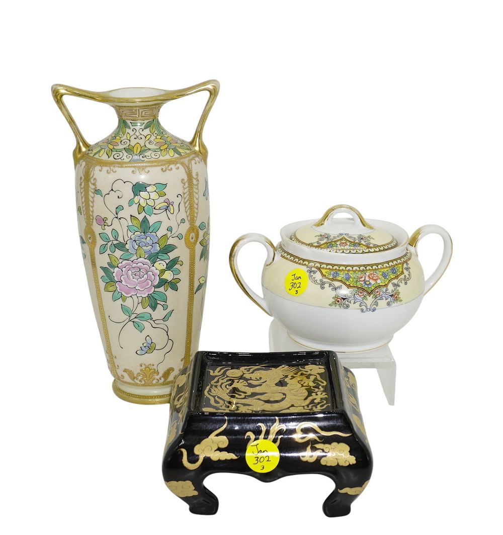 Lot 302: 3 pc ASIAN PORCELAIN INCL HAND PAINTED NIPPON