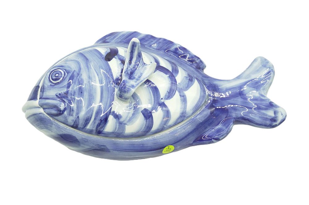 Lot 306: BLUE & WHITE HAND PAINTED FISH TUREEN