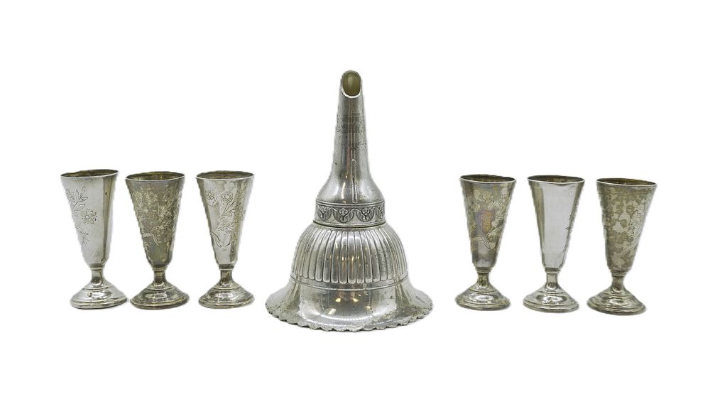 Lot 321: 7 PC STERLING CORDIALS & SILVERPLATE TUDOR ROSE WINE FUNNEL