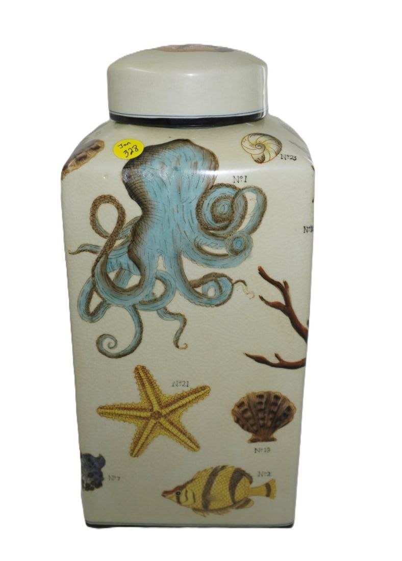 Lot 328: LARGE DECORATIVE PORCELAIN UNDER THE SEA TEA CADDY