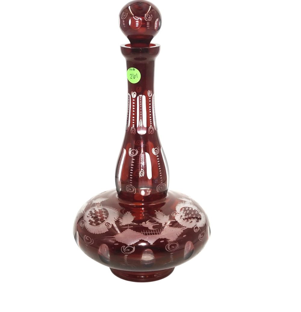 Lot 261: LARGE VINTAGE BOHEMIAN RUBY GLASS DECANTER