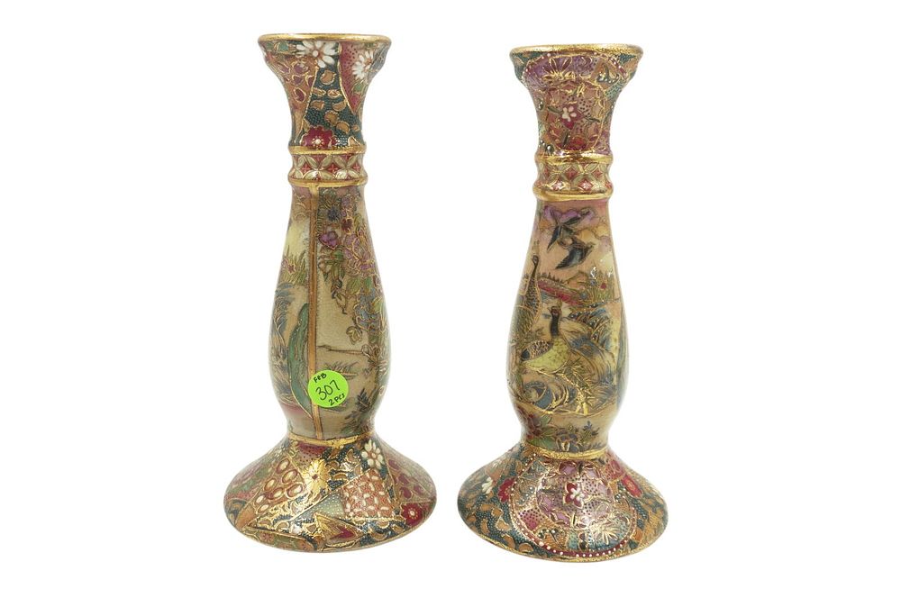 Lot 307: PAIR OF JAPANESE SATSUMA STYLE CANDLESTICKS