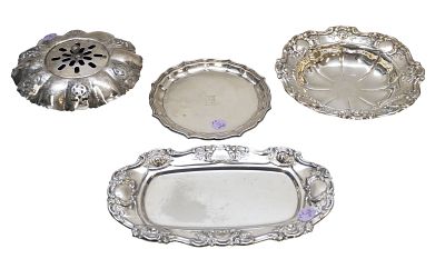4 pc SILVER PLATE TRAYS & FLOWER BOWL. 1- Flower Bowl with Flower Frog 6"x3". 2- Unicorn Tray 