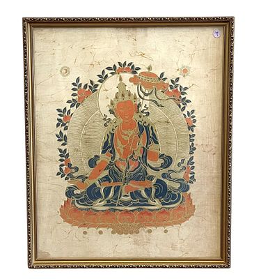 VINTAGE TIBETAN BUDDHIST THANGKA ON SILK. Vintage Tibetan Buddhist Thangka on Silk c. mid 