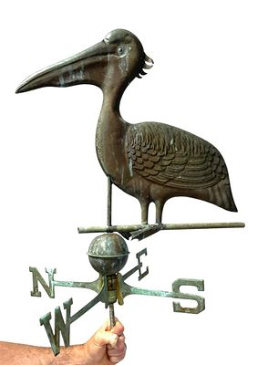 LARGE COPPER PELICAN WEATHERVANE. Large copper weathervane of pelican with N, S, E &amp; W 