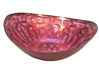 MCM RED ENAMEL COPPER BOWL SIGNED. MCM Copper bowl with modern red enamel pattern to interior 