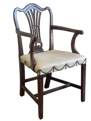 ENGLISH GEORGE III MAHOGANY ARMCHAIR. Antique George III Mahogany Silk Upholstered Arm Chair. 