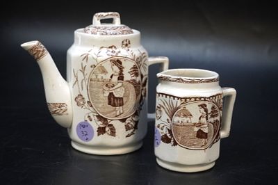 STAFFORDSHIRE BROWN TRANSFERWARE LITTLE MAE WITH EGGS. Antique 19th c Staffordshire Charles 