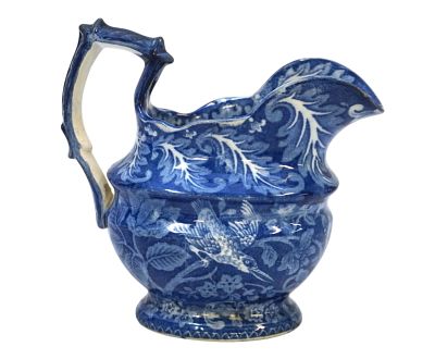 ANTIQUE BLUE STAFFORDSHIRE MILK / CREAM JUG BIRD MOTIF. Antique Blue Staffordshire Milk / Cream 