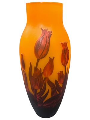 VINTAGE EMILE GALLE STYLE CAMEO GLASS VASE. Orange with burgundy flowers Art Nouveau Cameo Glass 