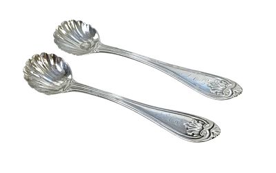 2 GORHAM COIN SILVER 1855 JOSEPHINE SUGAR SHELL SPOONS. 2 Antique 1855 Coin Silver Sugar Shell 