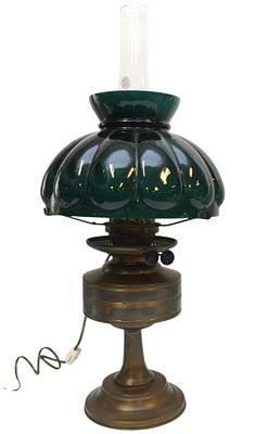 ANTIQUE BRASS DITMAR VIENNA OIL LAMP W GREEN GLASS SHADE. Antique Brass Ditmar Vienna Oil Lamp 