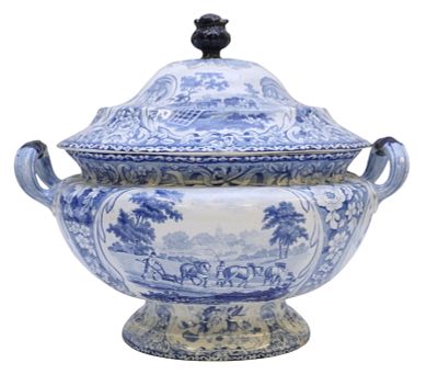 JOHN BAGSTER "VIGNETTE". LARGE 1827 BLUE TRANSFERWARE TUREEN. John Bagster Vignette Scottish 