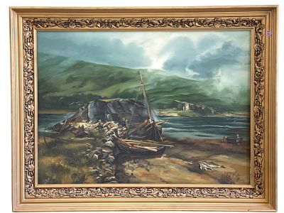 LARGE FRAMED VINTAGE COASTAL FISHING OIL ON CANVAS. Large Framed Vintage Oil on Canvas Coastal 