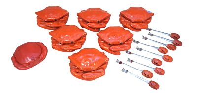 VINTAGE CERAMIC CRAB LIDDED BUTTER DISHES & LEMON FORKS - 16 PC. Fun Retro 7 Ceramic Lidded Crab 