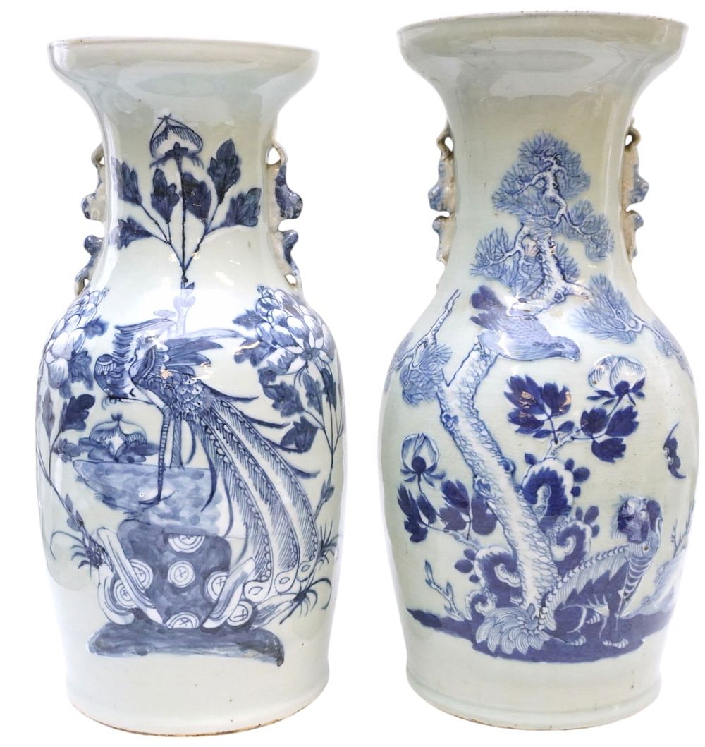 Lot 163: PAIR ANTIQUE CHINESE CELADON VASES UNDERGLAZE BLUE