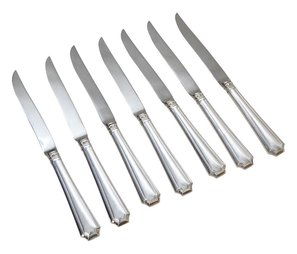 Lot 183: 7 STERLING SILVER STEAK KNIVES FAIRFAX 1910