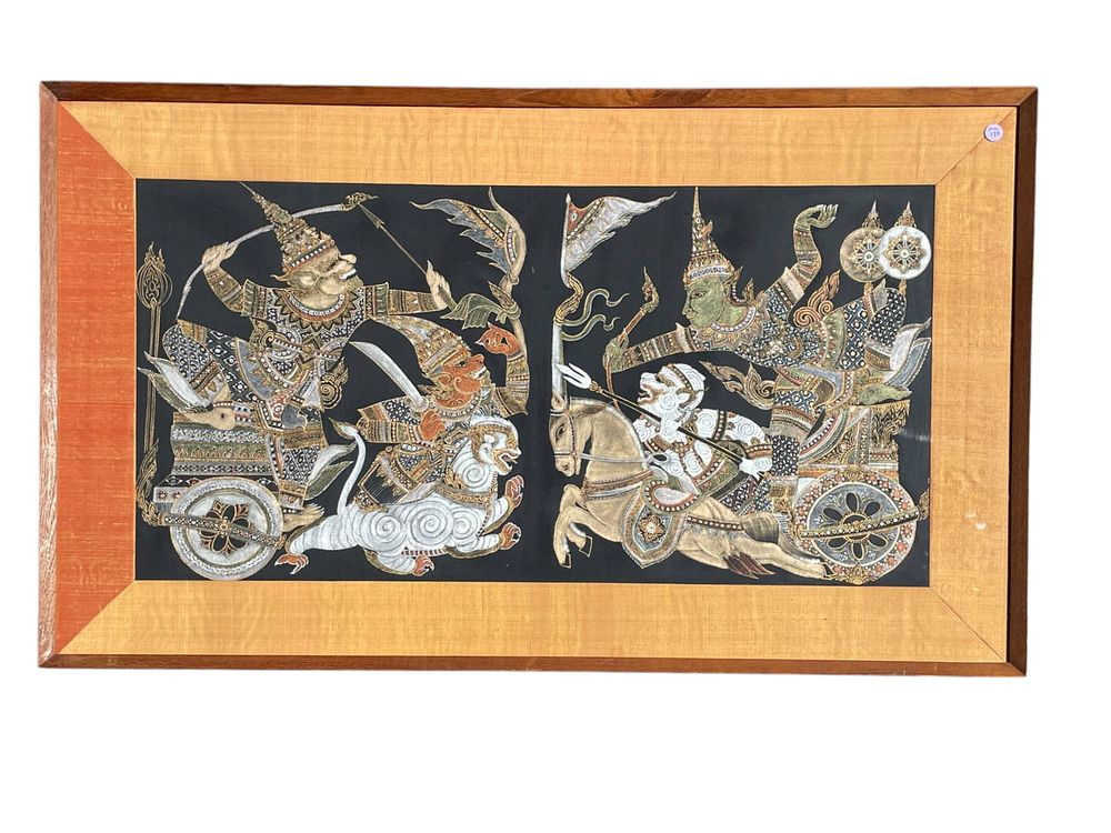 Lot 185: MID CENTURY THAI WARRIORS HAND PAINTED ON SILK