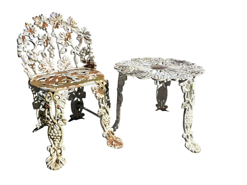 Lot 191: VICTORIAN CAST IRON GARDEN TABLE & CHAIR GRAPE & LEAF