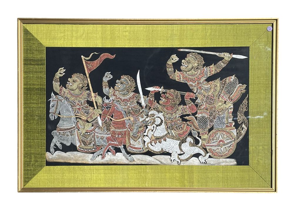Lot 200: MID CENTURY THAI WARRIORS HAND PAINTED ON SILK
