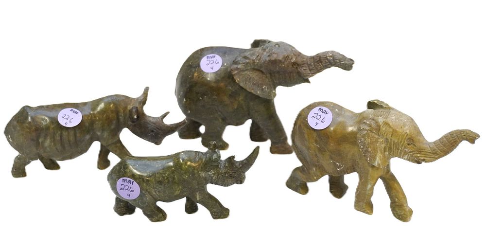 Lot 226: 4 VERDITE STONE CARVED RHINOS & ELEPHANTS