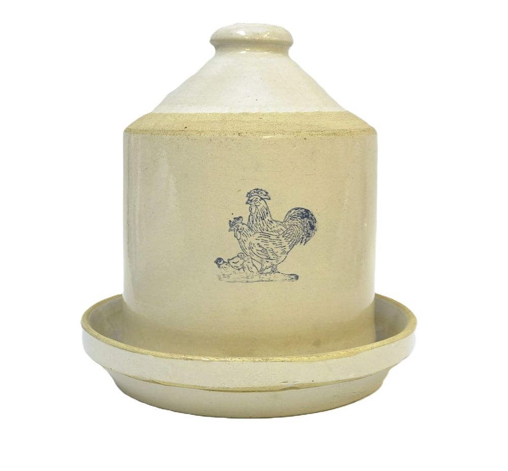 Lot 233: ANTIQUE STONEWARE CHICKEN FEEDER WITH WATER MOUNT