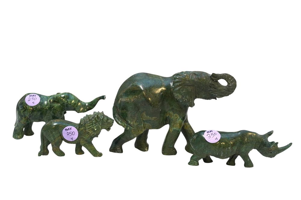 Lot 250: 4 VERDITE STONE CARVED RHINO, LION & ELEPHANTS