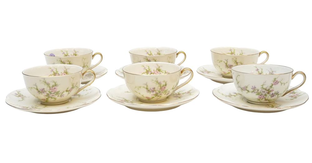 Lot 272: 6 THEODORE HAVILAND ROSALINDE TEA CUPS AND SAUCERS