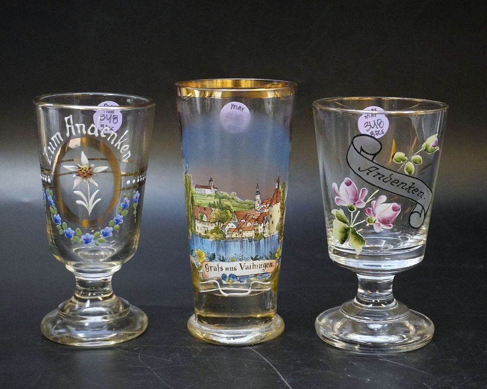 Lot 348: 3 VINTAGE AND ANTIQUE GERMAN PAINTED SOUVENIR GLASSES