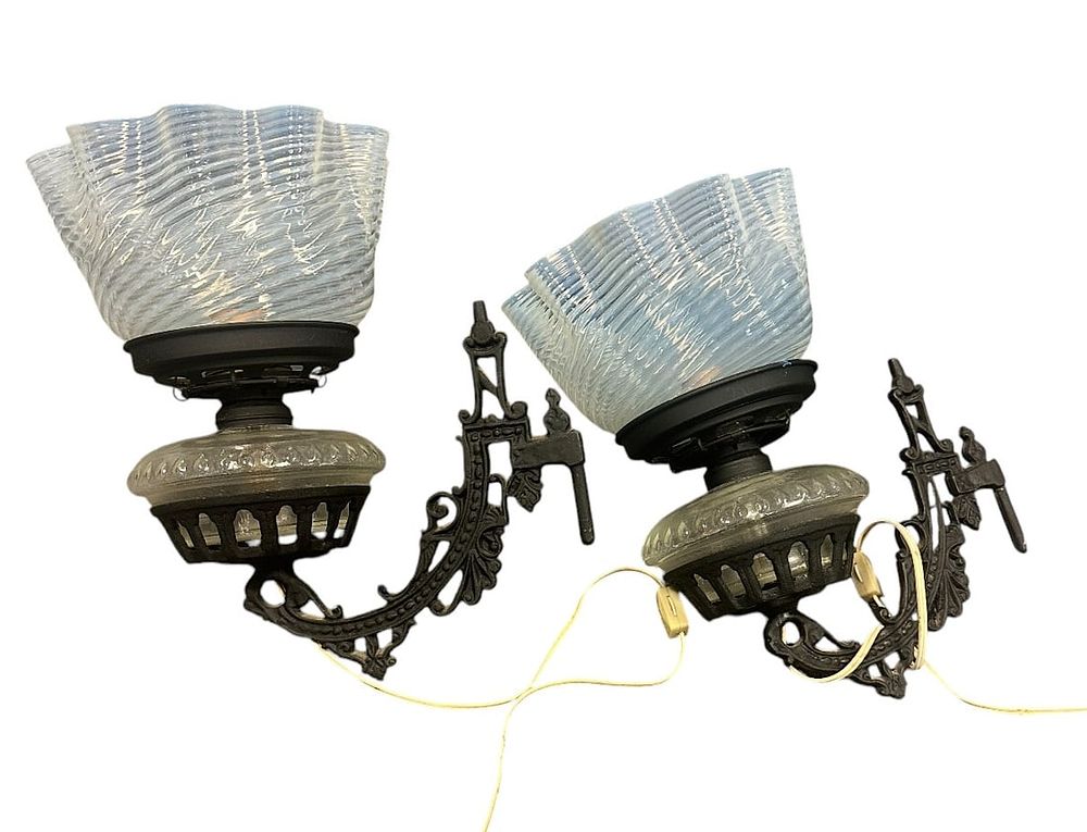 Lot 263: PAIR VICTORIAN OIL LAMP SCONCES W OPALESCENT SHADES