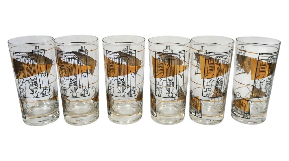 Lot 292: SET OF 7 MID CENTURY HIGHBALL ATOMIC BLACK AND GOLD GLASSES