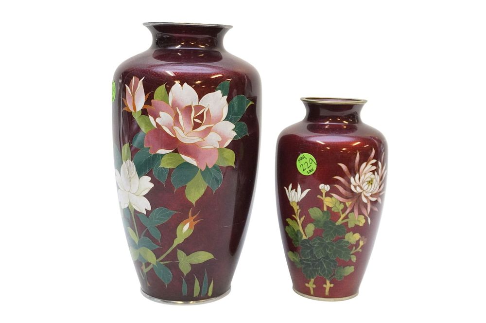 Lot 229: PAIR OF VINTAGE JAPANESE RED CLOISONNE VASES