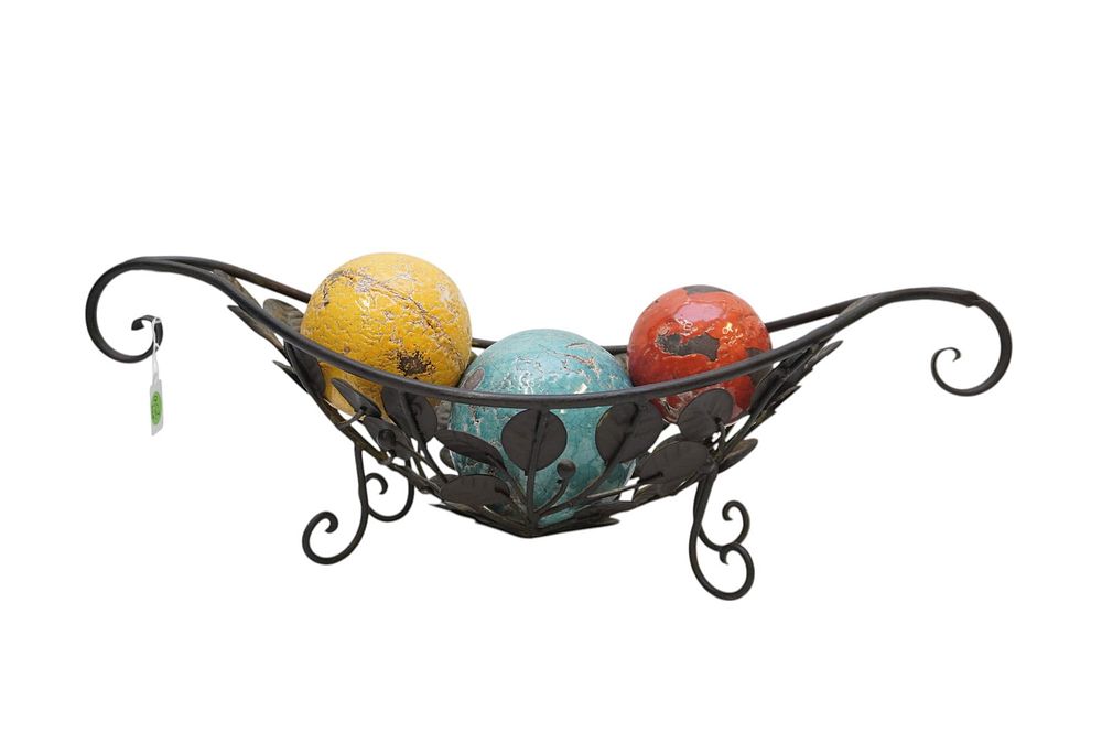 Lot 256: DECORATIVE METAL BOWL WITH POTTERY GLOBES