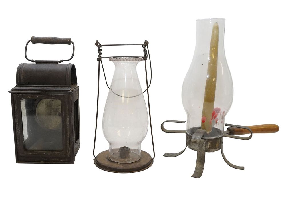 Lot 298: 3 ANTIQUE CARRIAGE LANTERN & HURRICANE CANDLE