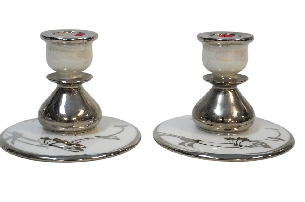 Lot 166: PAIR OF ART DECO SILVER OVERLAY CANDLESTICKS