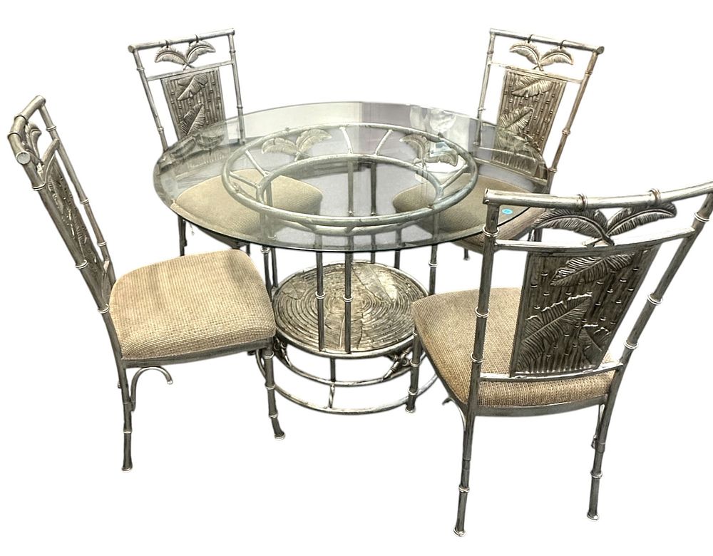 Lot 181: GLASS TOP PEDESTAL PALM TREE MOTIF DINING TABLE W/ 4 CHAIRS