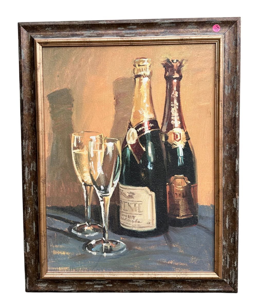 Lot 185: CONTEMPORARY CHAMPAGNE BOTTLES & GLASSES PAINTING