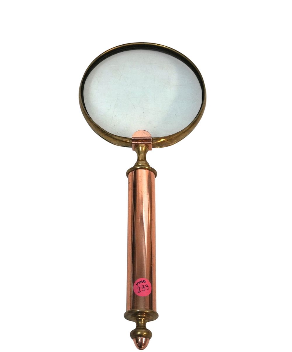 Lot 233: LARGE BRASS AND COPPER MAGNIFYING GLASS