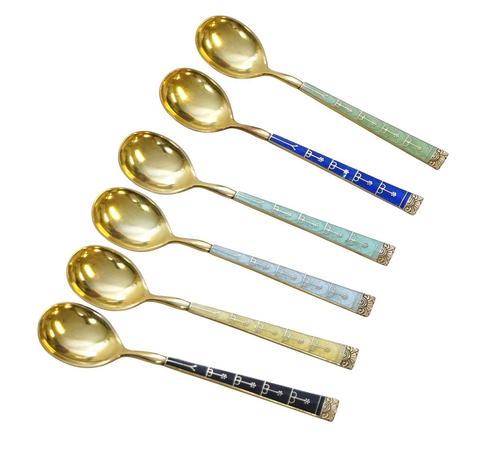 Lot 262: 6 VINTAGE HESTENES NORWAY GOLD PLATE 925 SILVER DEMITASSE SPOONS